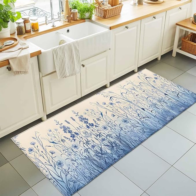 Runner Rug for Bedroom Hallway, Vintage Boho Blue Wildflowers Meadow Kitchen Runner Rugs Area Rug 2x6ft, Abstract Flower Washable Soft Floor Carpet for Entryway Stair