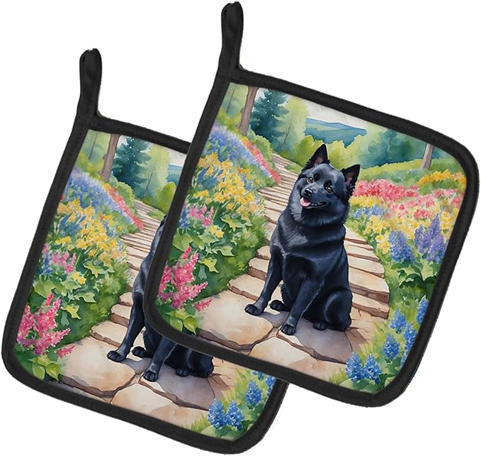 Caroline's Treasures Schipperke Spring Path Pair of Pot Holders Kitchen Heat Resistant Pot Holders Sets Oven Hot Pads for Cooking Baking BBQ, 7 1/2 x 7 1/2