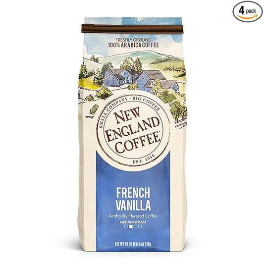 New England Coffee French Vanilla Medium Roast Ground Coffee, 18oz Bag (Pack of 4)