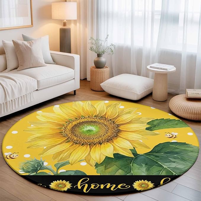 Washable Round Area Rug Summer Watercolor Sunflowers Bees Circle Rugs Floor Carpet for Living Room Bedroom, Farmhouse Floral Art Soft Non Slip Round Rug 5ft
