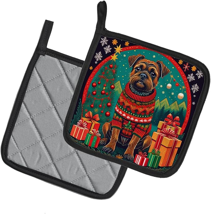 Caroline's Treasures Border Terrier Christmas Pair of Pot Holders Kitchen Heat Resistant Pot Holders Sets Oven Hot Pads for Cooking Baking BBQ, 7 1/2 x 7 1/2