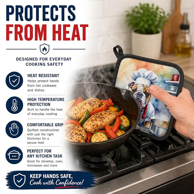 Caroline's Treasures English Bulldog The Chef Pair of Pot Holders Kitchen Heat Resistant Pot Holders Sets Oven Hot Pads for Cooking Baking BBQ, 7 1/2 x 7 1/2