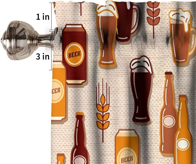 Retro Beer Curtain Valance, Brown Beer Wheat Bottle Print Decorative Short Rod Pocket Window Treatment for Kitchen Dining Bedroom Living Room, 54x18Inch