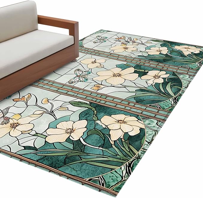Area Rug 3x5ft, Spring Flower Colorful Butterfly Washable Rugs for Living Room Bedroom, Vintage Green Plant Soft Non-Slip Area Rugs Rectangle Floor Carpet for Dining Room