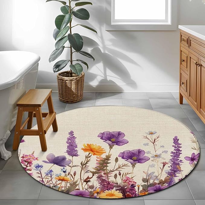 Washable Round Area Rug Country Flower Purple Lavender Plant Circle Rugs Floor Carpet for Living Room Bedroom, Retro Linen Soft Non Slip Round Rug 3ft