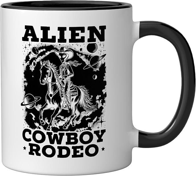 Alien Lover Flying Saucer UFO Extraterrestrial Cowboy Ceramic Mug, Black/White