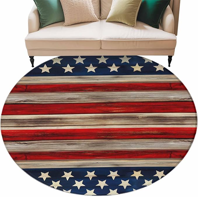 Washable Round Area Rug Vintage Stripes and Stars Circle Rugs Floor Carpet for Living Room Bedroom, Patriotic 250th Anniversary Soft Non Slip Round Rug 5ft