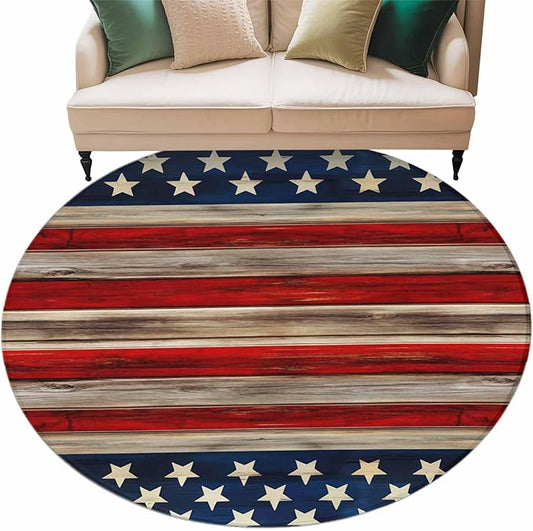Washable Round Area Rug Vintage Stripes and Stars Circle Rugs Floor Carpet for Living Room Bedroom, Patriotic 250th Anniversary Soft Non Slip Round Rug 5ft
