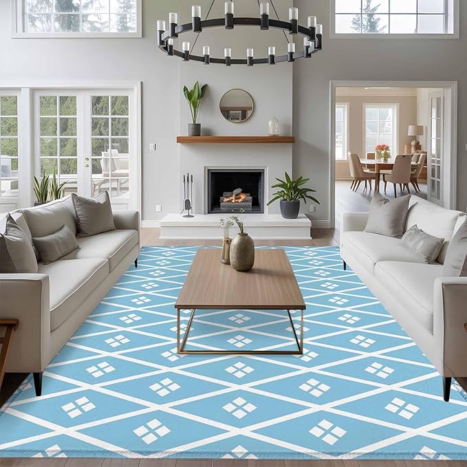 Area Rug 8x10ft, Boho Blue White Plaid Line Washable Rugs for Living Room Bedroom, Abstract Geometric Diamond Soft Non-Slip Area Rugs Rectangle Floor Carpet for Dining Room