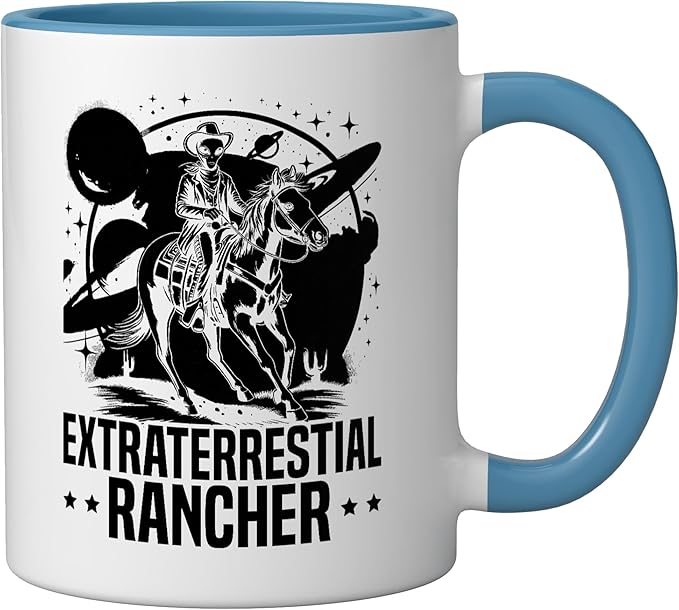 Alien Lover Flying Saucer UFO Extraterrestrial Cowboy Ceramic Mug, Blue/White