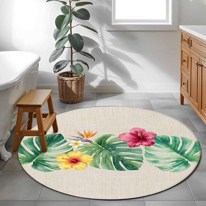 Washable Round Area Rug Country Monstera Hibiscus Foliage Circle Rugs Floor Carpet for Living Room Bedroom, Tropical Plant Vintage Linen Soft Non Slip Round Rug 3ft