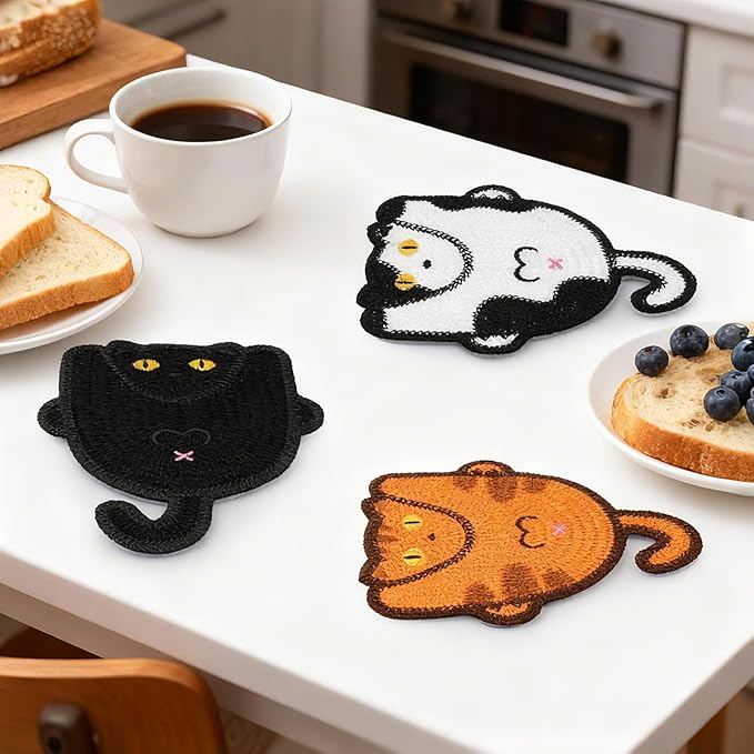 Drink Coaster, 3 PCS Cute Cat Coasters with Woven Knitted Crochet, Gifts for Cat Lovers, Coffee Tea Cup Home Decor Tabletop Protection Suitable for Cups, Black, White and Orange