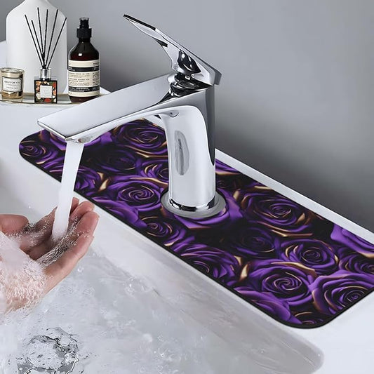 Purple Roses Kitchen Sink Splash Guard Faucet Mat Absorbent Faucet Draining Pad with Hole for Kitchen Bathroom 15" X 5.5"