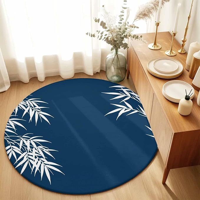 Washable Round Area Rug Country Leaf on Dark Blue Circle Rugs Floor Carpet for Living Room Bedroom, Botanical Silhouette Minimalist Style Soft Non Slip Round Rug 3ft