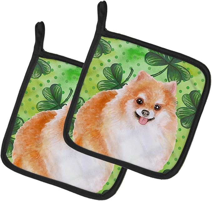 Caroline's Treasures BB9890PTHD Pomeranian #2 St Patrick's Pair of Pot Holders, Green Kitchen Heat Resistant Pot Holders Sets Oven Hot Pads for Cooking Baking BBQ, 7 1/2 x 7 1/2