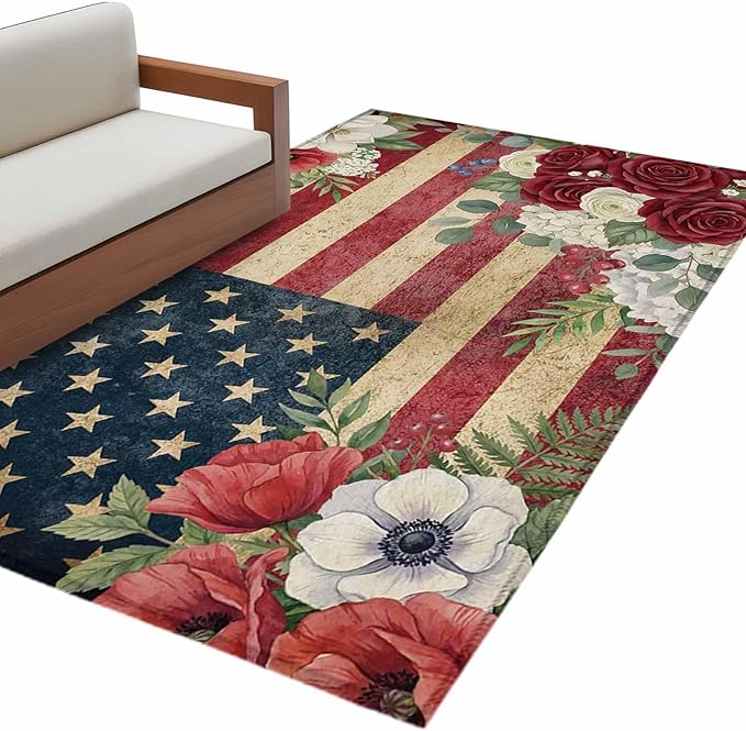Area Rug 3x5ft, Independence Day 250th Anniversary Washable Rugs for Living Room Bedroom, Vintage USA Flag Floral Soft Non-Slip Area Rugs Rectangle Floor Carpet for Dining Room