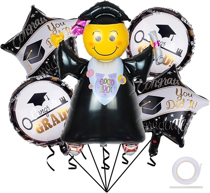Graduation Foil Balloons Giant 40 Inch Smiling Face Doctor Congratulations Grad Mylar Balloons Class of 2025 College High School Graduation Party Decorations Supplies 5Pcs