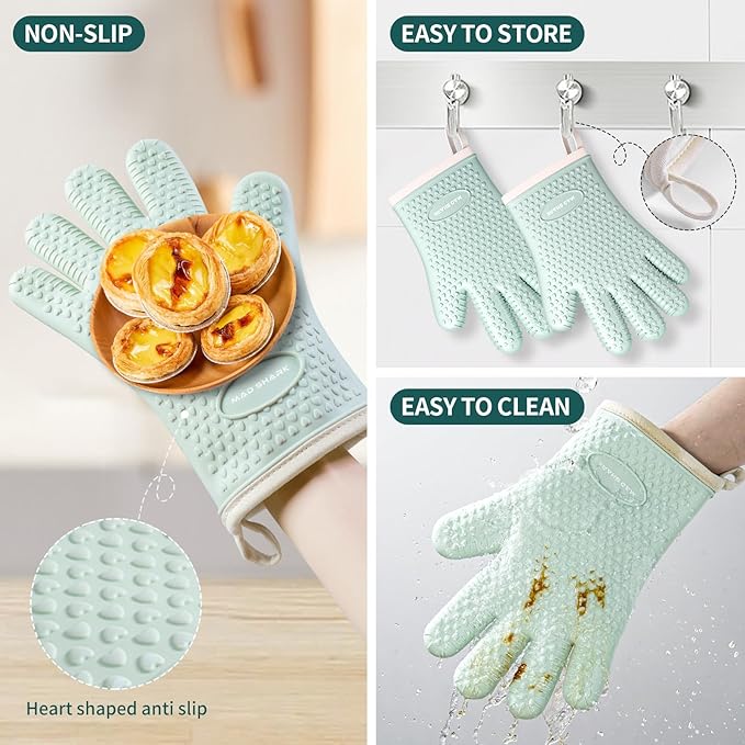 MAD SHARK Silicone Oven Mitts Heat Resistant 450°F,Waterproof & Non-Slip Oven Gloves with Fingers,Cotton Lined Silicone Oven Gloves Kitchen Mitts for Baking Cooking Barbecue,Women (Green)