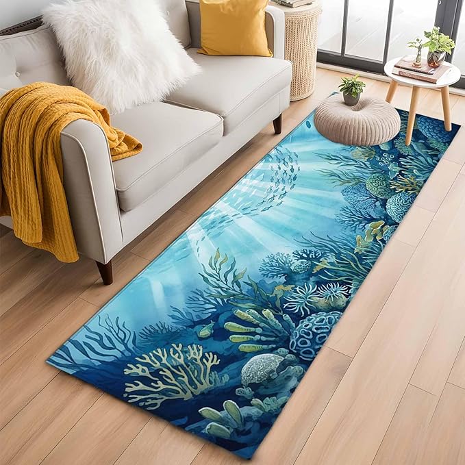 Runner Rug for Bedroom Hallway, Underwater World Coral Seaweed Kitchen Runner Rugs Area Rug 2x6ft, Seafloor Ocean Life Fish Washable Soft Floor Carpet for Entryway Stair