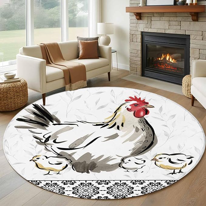 Washable Round Area Rug Country Farmhouse Rooster Circle Rugs Floor Carpet for Living Room Bedroom, Watercolor Animal Flower Pattern Soft Non Slip Round Rug 5ft