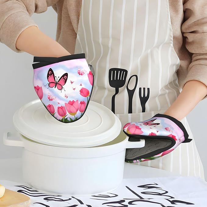 1 Pcs Mini Silicone Oven Mitts Mother's Day Tulips Heat Resistant Grill Gloves with Hanging Loop, Pink Butterflies Little Kitchen Mittens for Cooking Baking BBQ