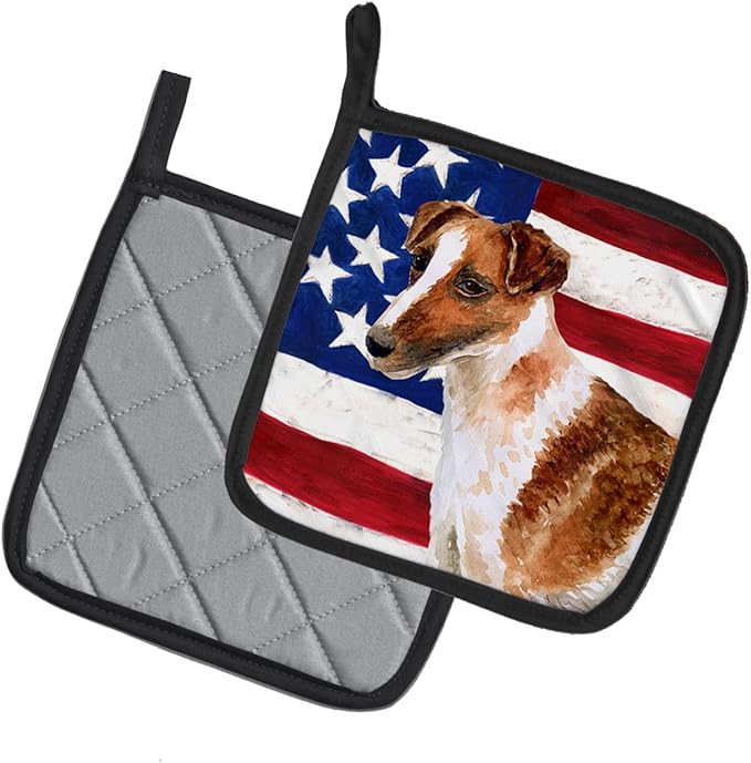Caroline's Treasures BB9647PTHD Smooth Fox Terrier Patriotic Pair of Pot Holders Kitchen Heat Resistant Pot Holders Sets Oven Hot Pads for Cooking Baking BBQ, 7 1/2 x 7 1/2