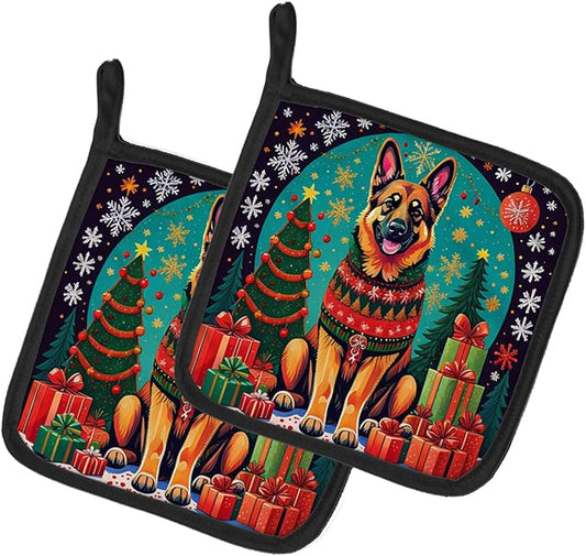 Caroline's Treasures German Shepherd Christmas Pair of Pot Holders Kitchen Heat Resistant Pot Holders Sets Oven Hot Pads for Cooking Baking BBQ, 7 1/2 x 7 1/2