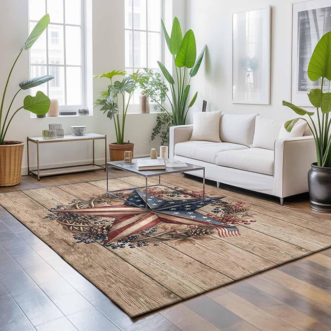 Area Rug 4x6ft, Independence Day USA Flag Star Washable Rugs for Living Room Bedroom, Farm Wood Background Soft Non-Slip Area Rugs Rectangle Floor Carpet for Dining Room