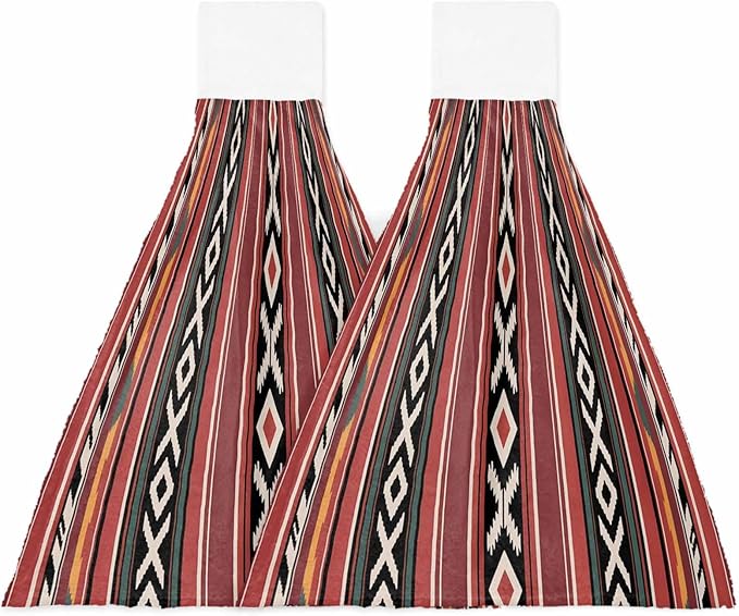 Alandar Home Kitchen Tie Towel Set of 2, Abstract Geometric Style Absorbent Soft Hand Towels for Bathroom Hanging Towels, Red Boho Ethnic Tribal Style Fast Drying Cleaning Cloth with Loop