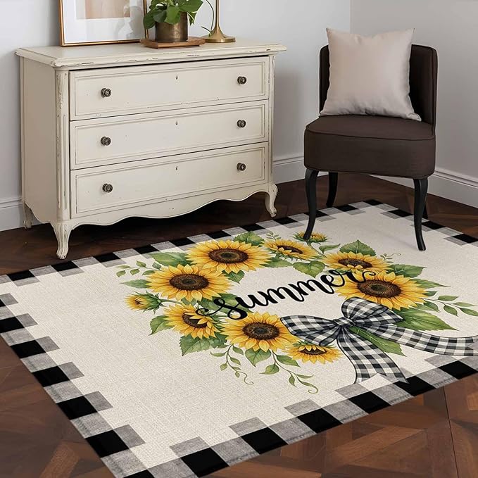 Area Rug 4x6ft, Summer Words Farm Sunflowers Washable Rugs for Living Room Bedroom, Butterflies Country Floral Soft Non-Slip Area Rugs Rectangle Floor Carpet for Dining Room