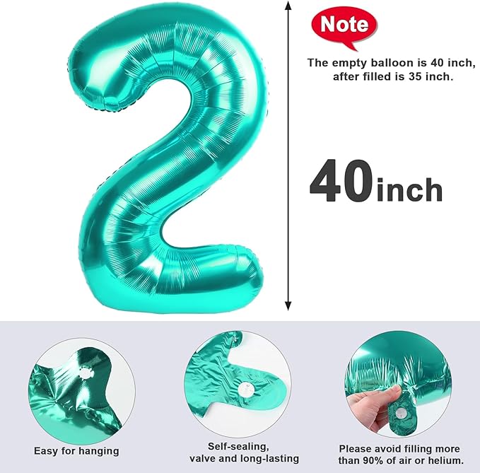 2 Numbers Balloon 40 Inch Blue-green Two Balloon Number Birthday Decor, 2nd 12 21st Party Celebration Decorations Graduations Wedding Baby Shower