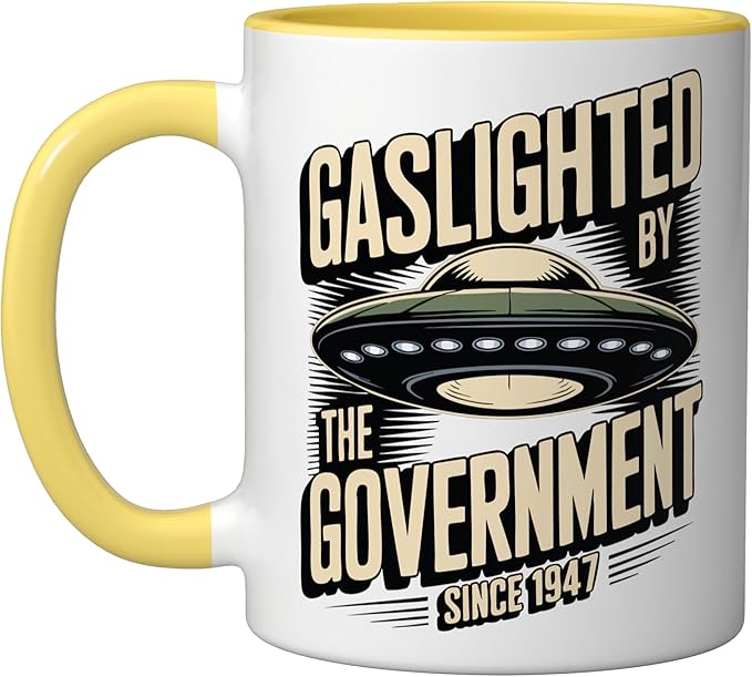 Alien UFO Gaslighted by the Government 1947 Ceramic Mug, Yellow/White