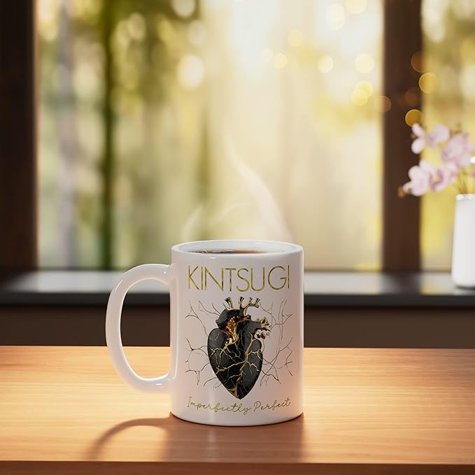 Kintsugi Pottery Golden Heart Japanese Art repair Pottery Ceramic Mug, White