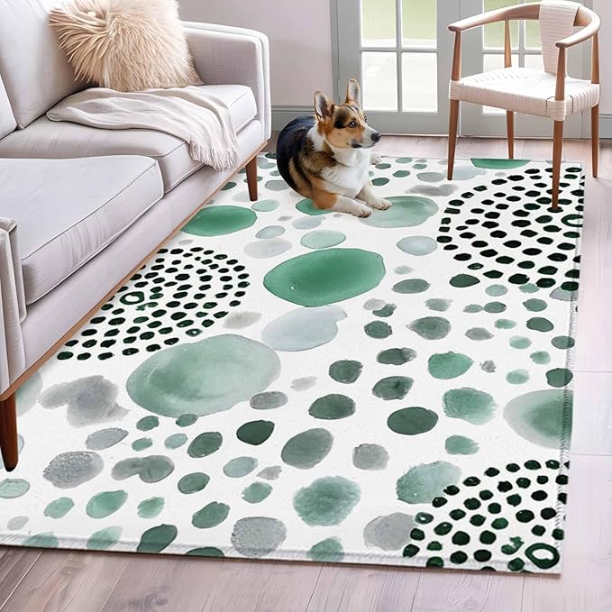 Area Rug 4x6ft, Abstract Teal Circles Washable Rugs for Living Room Bedroom, Sage Green Geometric Round Soft Non-Slip Area Rugs Rectangle Floor Carpet for Dining Room
