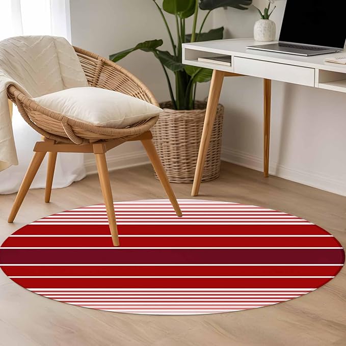 Washable Round Area Rug Abstract Gradient Red White Stripes Circle Rugs Floor Carpet for Living Room Bedroom, Ombre Modern Art Soft Non Slip Round Rug 4ft