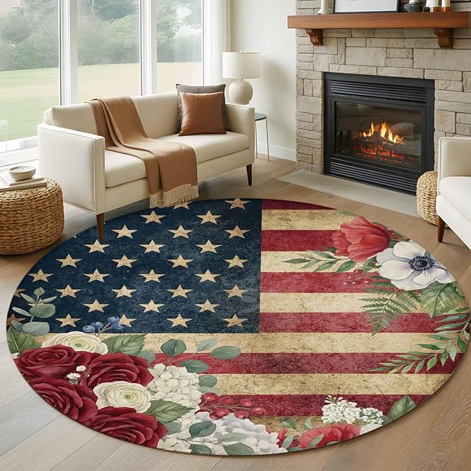 Washable Round Area Rug Independence Day 250th Anniversary Circle Rugs Floor Carpet for Living Room Bedroom, Vintage USA Flag Floral Soft Non Slip Round Rug 5ft