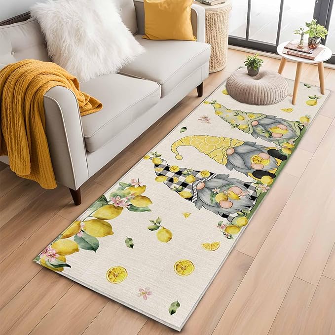 Runner Rug for Bedroom Hallway, Summer Gnome with Lemon Kitchen Runner Rugs Area Rug 2x6ft, Farmhouse Dwarf Fruit on Linen Washable Soft Floor Carpet for Entryway Stair