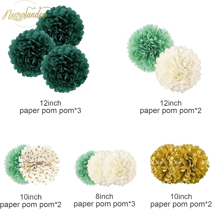 NICROLANDEE Green Wedding Party Decorations - 12 PCS Emerald Green Ivory Tissue Paper Pom Poms for Neutral Baby Shower, Vintage Party, Birthday, Bridal Showers, Rustic Wedding Decorations