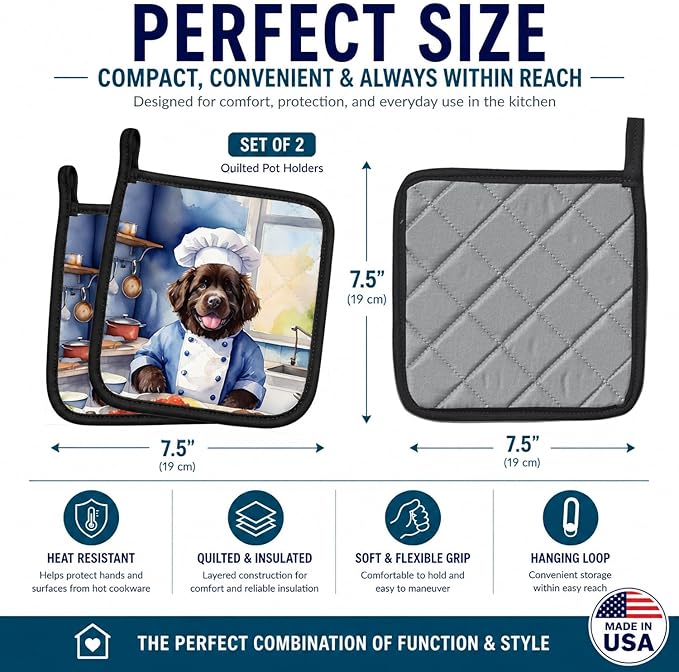 Caroline's Treasures Newfoundland The Chef Pair of Pot Holders Kitchen Heat Resistant Pot Holders Sets Oven Hot Pads for Cooking Baking BBQ, 7 1/2 x 7 1/2