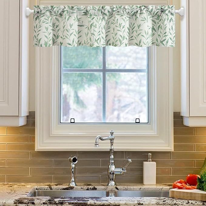 VOGOL Valances for Living Room, Green Leaf Print Small Window Valances for Kitchen Farmhouse Top Pocket 12 Inches Long, One Panel, 52x12