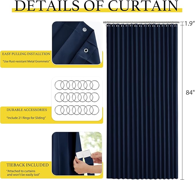 NICETOWN Patio Sliding Door Curtain 100 x 84, Blackout Thermal Pleated Shades with 21 Stainless Rings, Room Divider Curtain for Bedroom/Glass Door, Black Privacy Drape for Large Window, 1 Panel