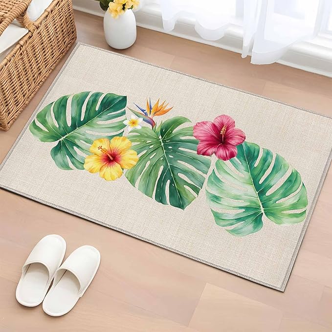 Area Rug 2x3ft, Country Monstera Hibiscus Foliage Washable Rugs for Living Room Bedroom, Tropical Plant Vintage Linen Soft Non-Slip Area Rugs Rectangle Floor Carpet for Dining Room