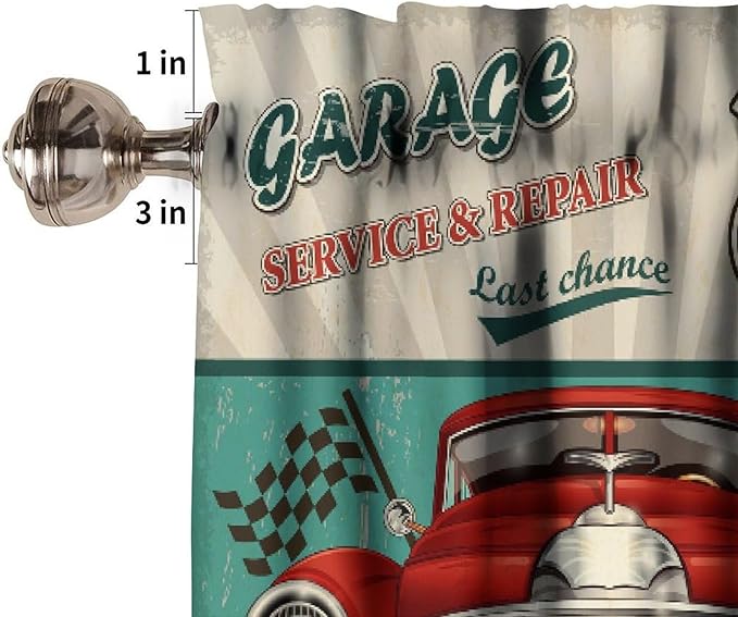 Retro Valance Curtain Vintage Car Route 66 Garage Rod Pocket Valance Window Treatments Short Curtains for Kitchen Bathroom Farmhouse Living Room Decor 54x18inch