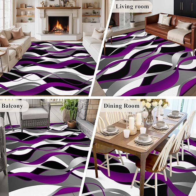 Area Rug 6x9ft, Abstract Purple Gray Black White Stripes Washable Rugs for Living Room Bedroom, Modern Lines Soft Non-Slip Area Rugs Rectangle Floor Carpet for Dining Room