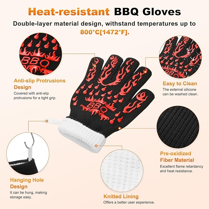 M METERXITY 1-Pair BBQ Gloves, 1472°F Heat Resistant Non-Slip Grilling Oven Gloves for Barbecue/Baking/Cooking [S Size, Red]