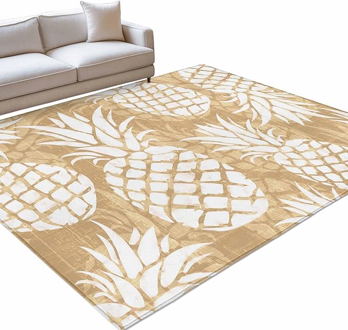 Area Rug 9x12ft, Summer Fruit Pineapple Washable Rugs for Living Room Bedroom Rectangle Floor Carpet, Rustic Vintage Tropical Leaves Soft Non-Slip Area Rugs for Dining Room