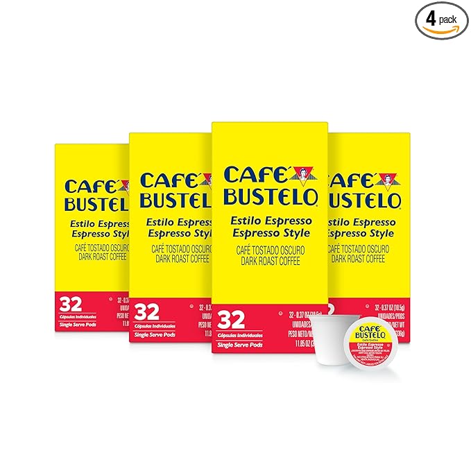 Café Bustelo Espresso Style Dark Roast, Single Serve Coffee Pods, 32 Count (Pack of 4)
