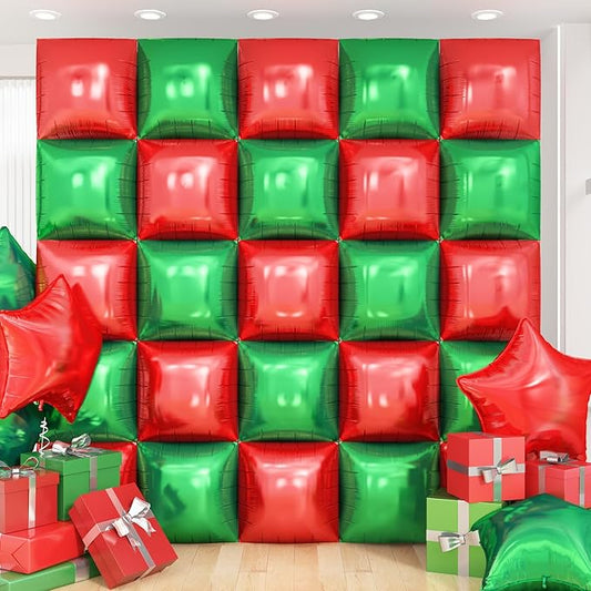 Red Green Square Foil Balloon Wall,25Pcs Double Sided Balloon Backdrop Helium Balloons Tunnel Arch Garland Kit for Christmas Birthday Anniversary Party Decorations