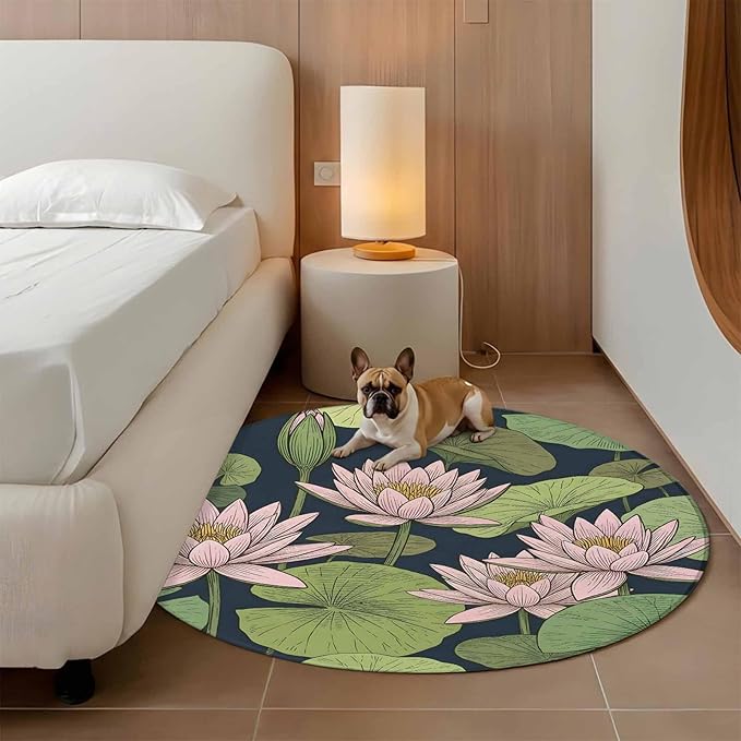 Washable Round Area Rug Pink Lotus Water Lily Dark Green Leaves Circle Rugs Floor Carpet for Living Room Bedroom, Oriental Style Soft Non Slip Round Rug 5ft