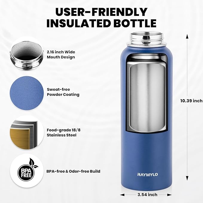 RAYMYLO Insulated Water Bottle 40 oz, Triple Wall Vacuum Stainless Steel (Cold for 36Hrs, Hot for 18Hrs), Leak Proof & Non-BPA, Modern Water Flask Jug with Paracord Handle & Straw Spout Lids